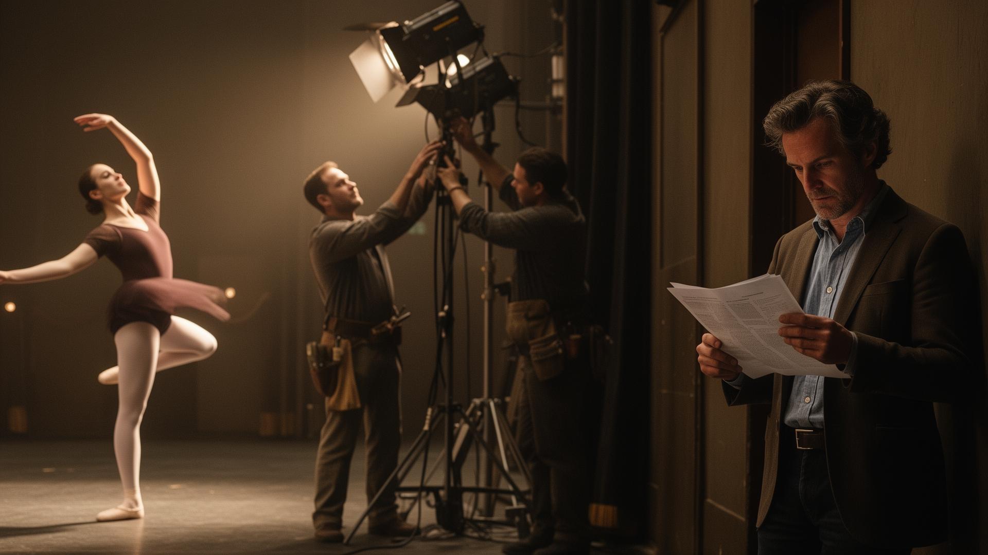Performing arts professionals at work — a dancer, technicians, and an actor reviewing a script backstage