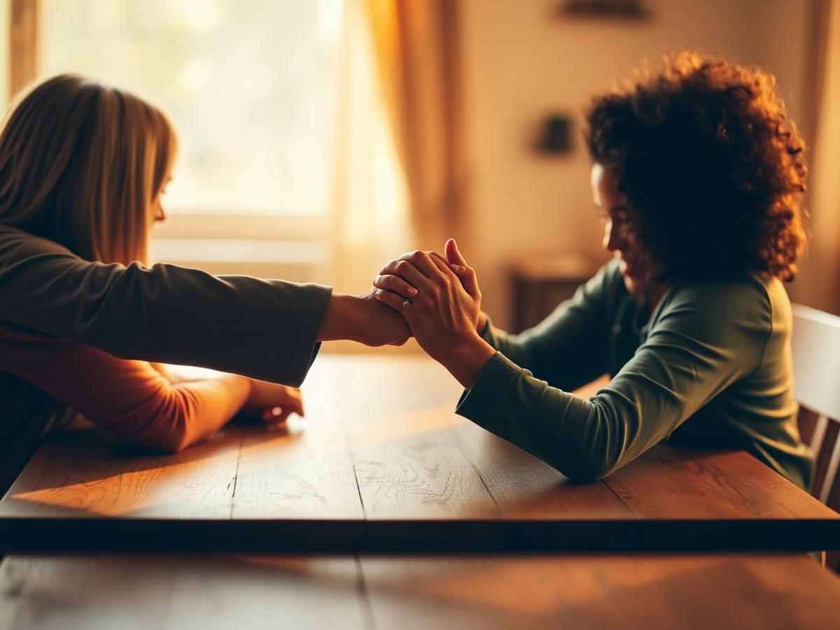 Two people holding hands across a table in conversation, warm light